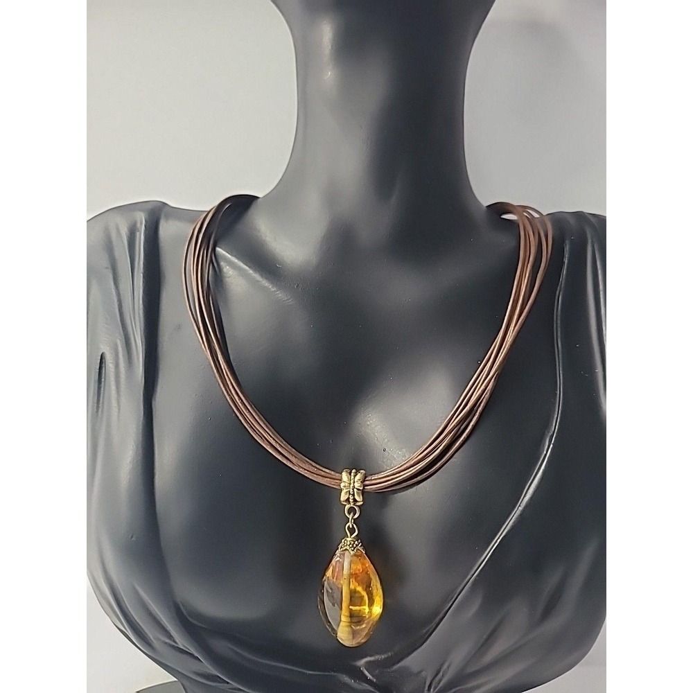 Lia Sophia Boho Amber‎ Color Teardrop Pendant Brown Woven Cord Necklace 15 In